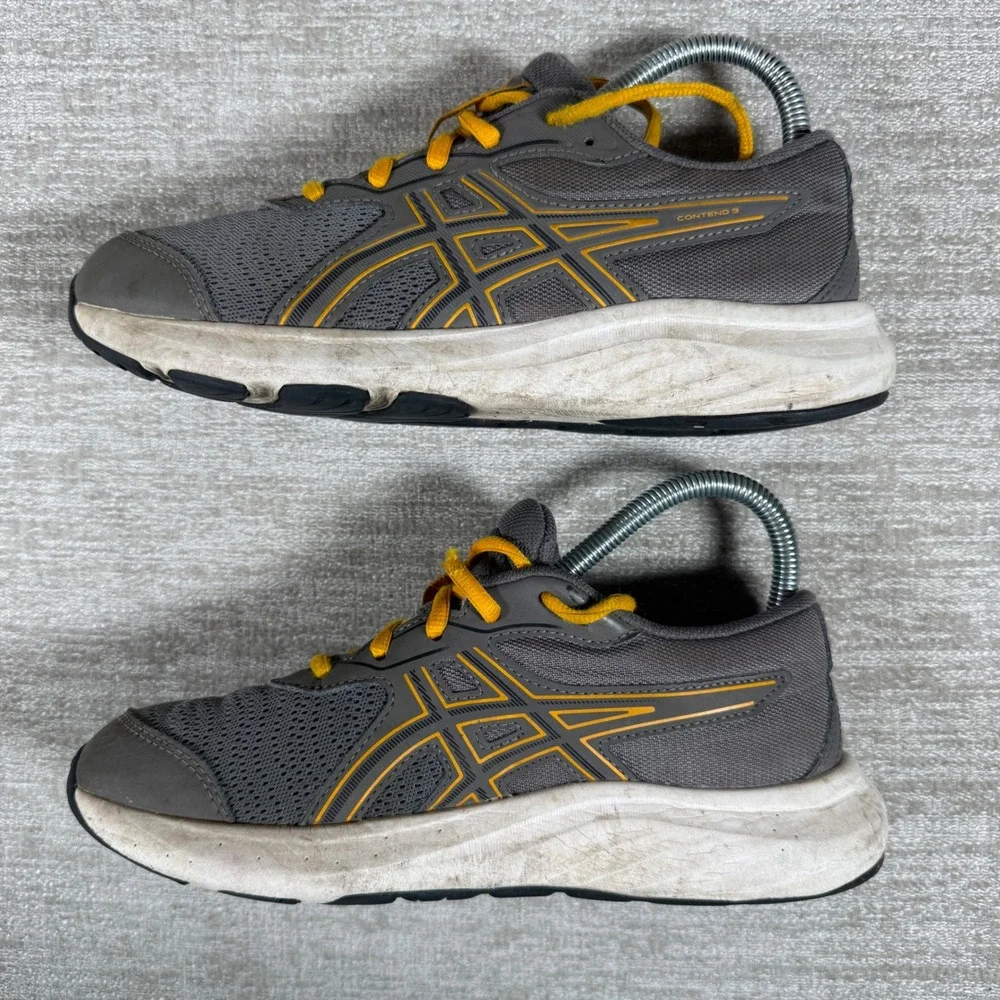 Asics Contend 9 Kids Size 5 Grey Yellow Mesh Athletic Running Sneakers